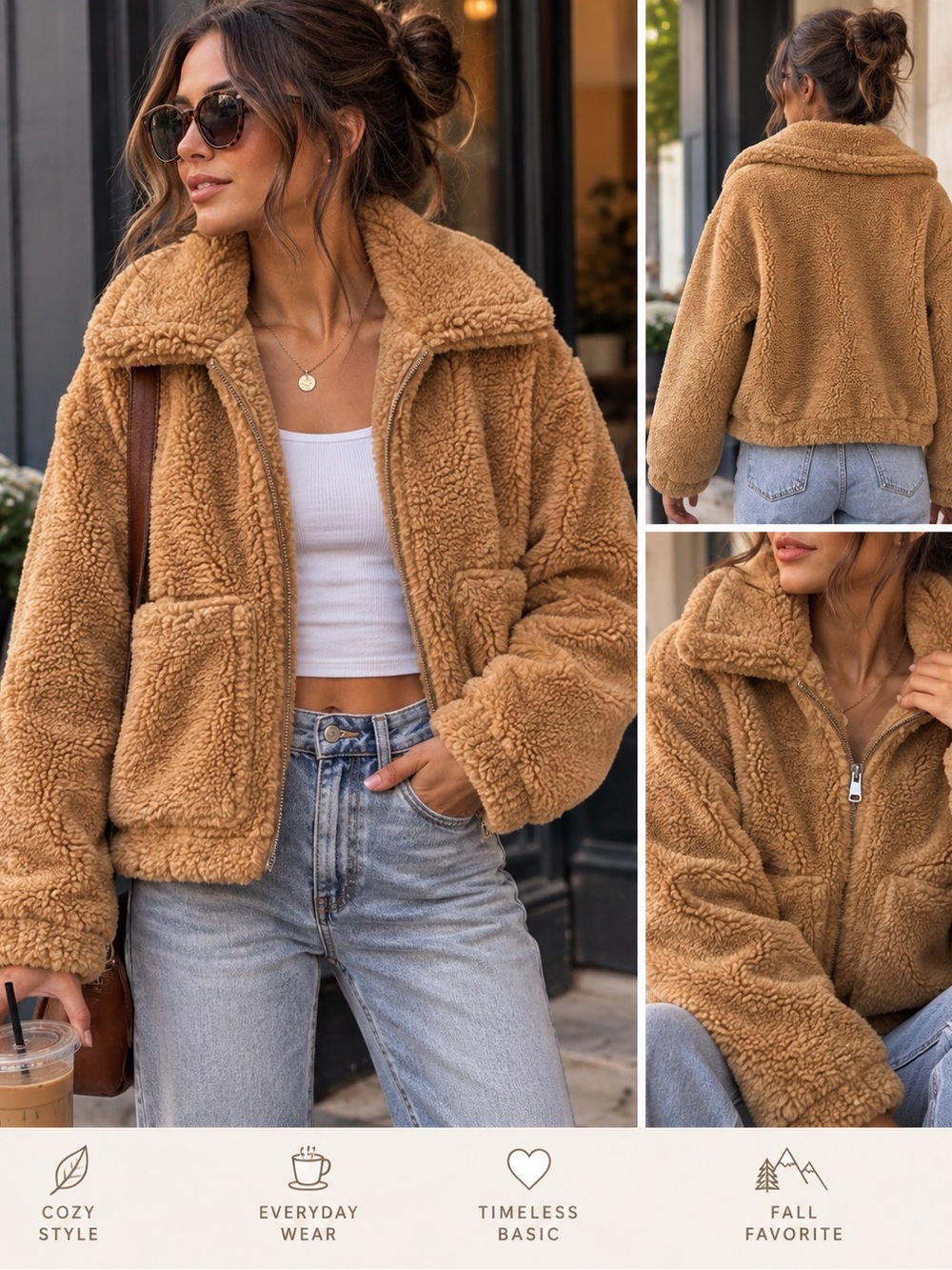 Urban Outfitters Teddy Sherpa Jacket Camel Brown Cropped Size M